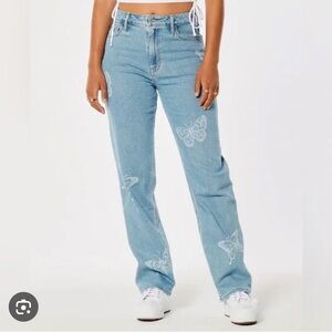 Hollister Blue Straight Leg Jeans with Distressed Details